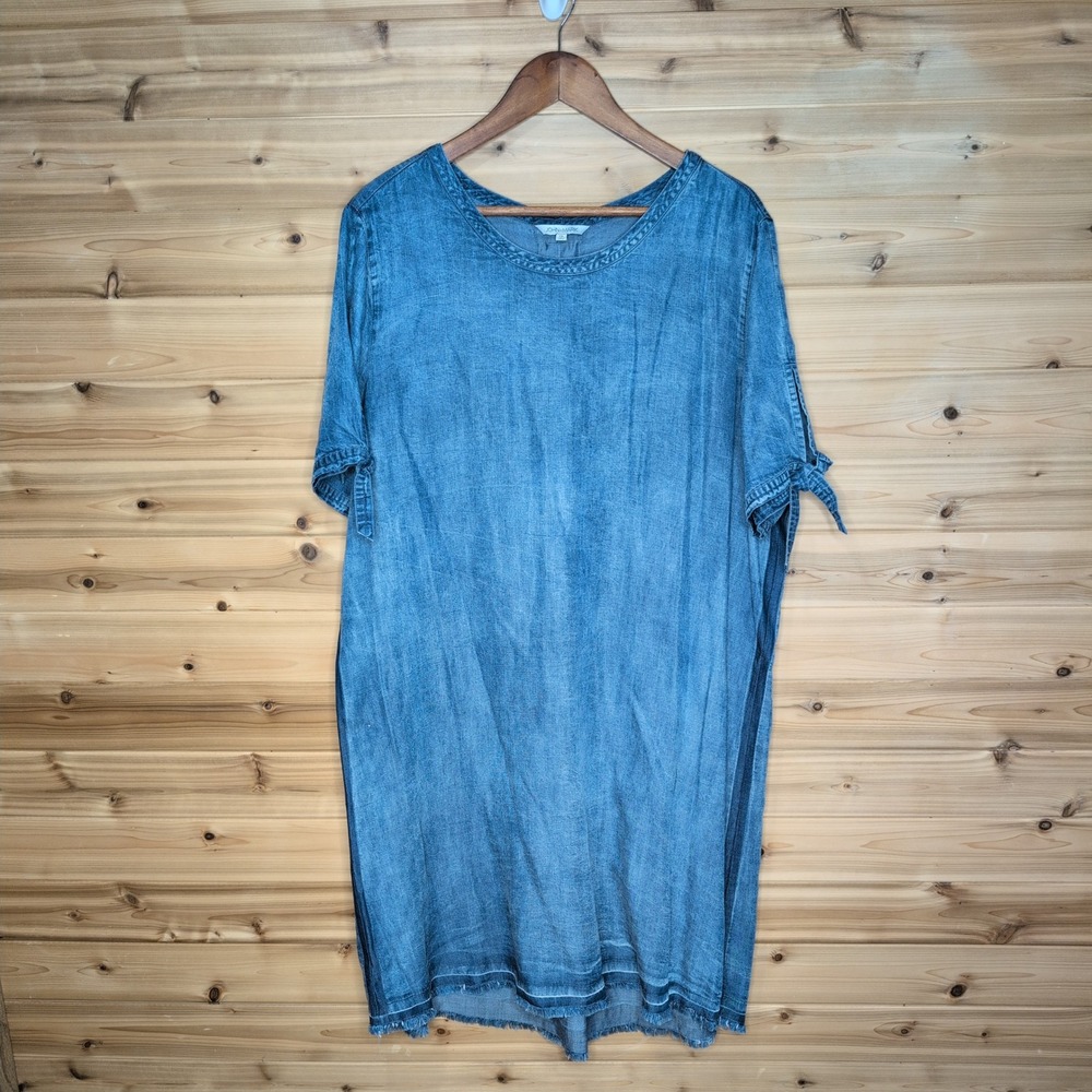 John‎ Mark Womens XL Blue Lyocell Denim Look Lace Up Back Shift Dress Frayed Hem